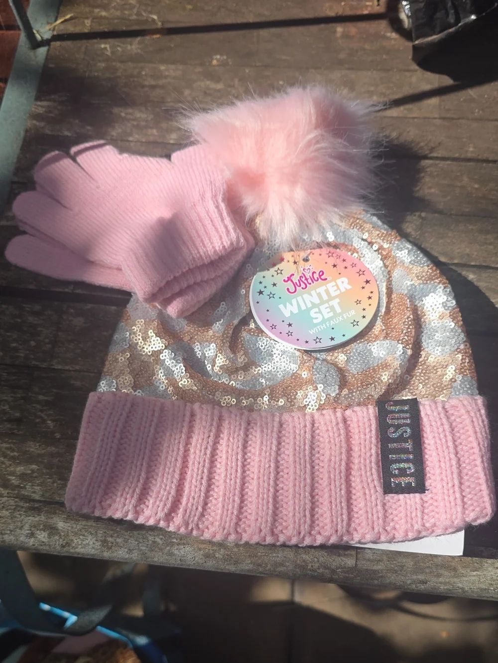 Justice Girls Pink Sequin Pom Beanie & Gloves Winter Set